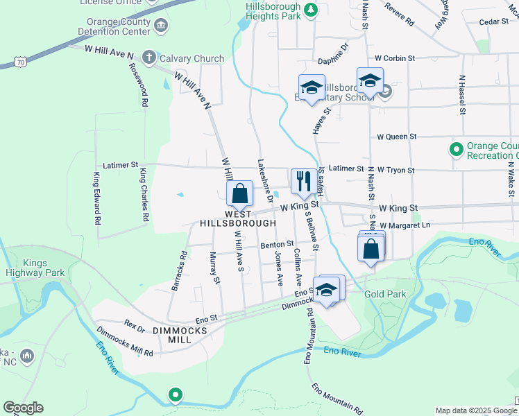 map of restaurants, bars, coffee shops, grocery stores, and more near 804 West King Street in Hillsborough