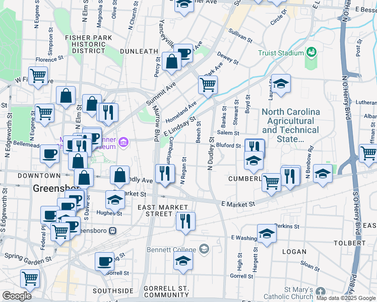 map of restaurants, bars, coffee shops, grocery stores, and more near 310 North Regan Street in Greensboro