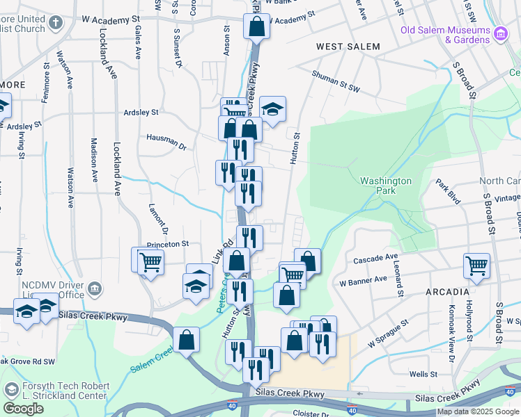 map of restaurants, bars, coffee shops, grocery stores, and more near 1257 Churton Street Southwest in Winston-Salem