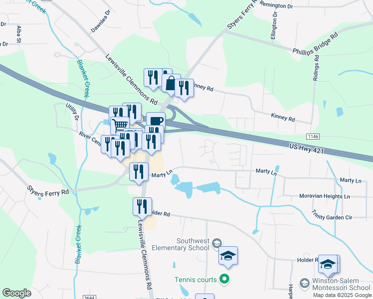 map of restaurants, bars, coffee shops, grocery stores, and more near 1455 Lake Cottage Road in Clemmons