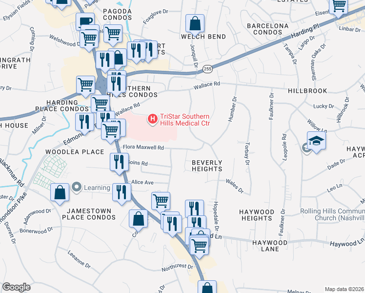 map of restaurants, bars, coffee shops, grocery stores, and more near 305 Flora Maxwell Road in Nashville