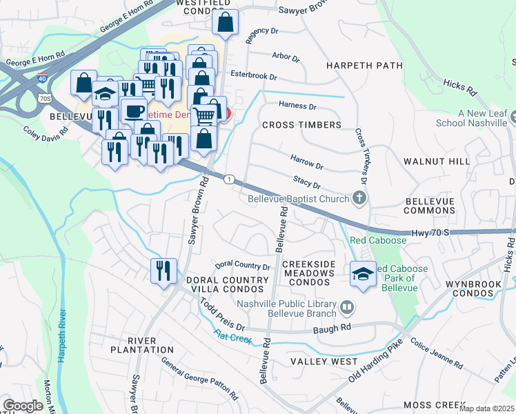 map of restaurants, bars, coffee shops, grocery stores, and more near 638 Parkvue Place Drive in Nashville