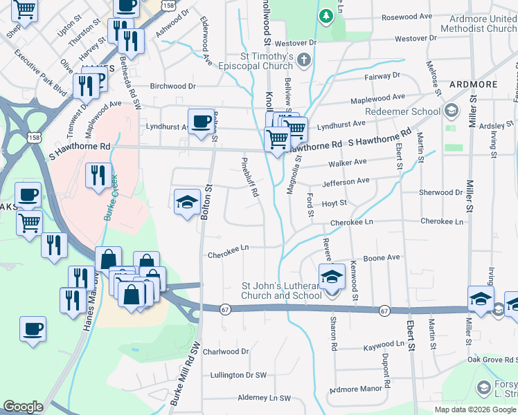 map of restaurants, bars, coffee shops, grocery stores, and more near 1237 Pinebluff Road in Winston-Salem