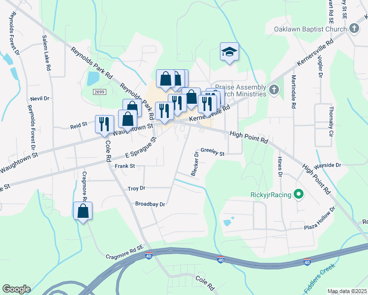 map of restaurants, bars, coffee shops, grocery stores, and more near 2310 Blecker Drive in Winston-Salem