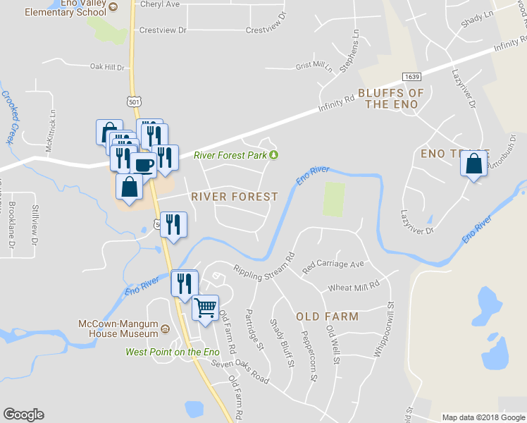 map of restaurants, bars, coffee shops, grocery stores, and more near 316 Omega Road in Durham