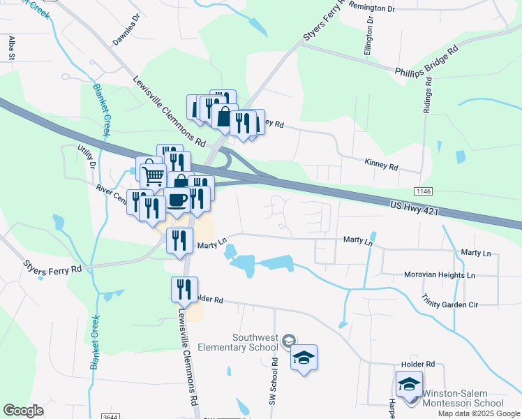 map of restaurants, bars, coffee shops, grocery stores, and more near 601 Sir Knight Court in Clemmons