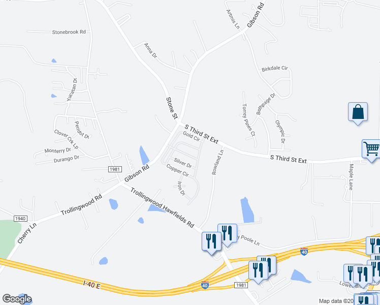 map of restaurants, bars, coffee shops, grocery stores, and more near 1206 Copperstone Way in Mebane