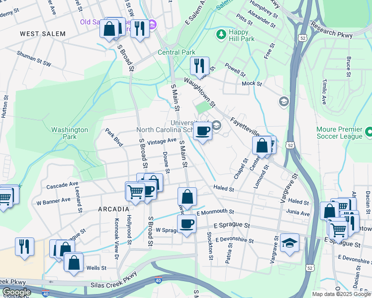 map of restaurants, bars, coffee shops, grocery stores, and more near 1721 South Main Street in Winston-Salem