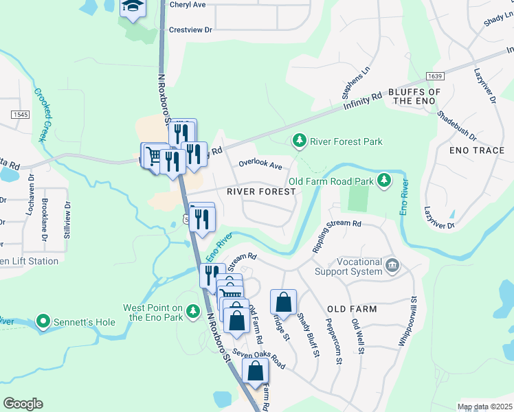 map of restaurants, bars, coffee shops, grocery stores, and more near 210 Brassy Creek Avenue in Durham