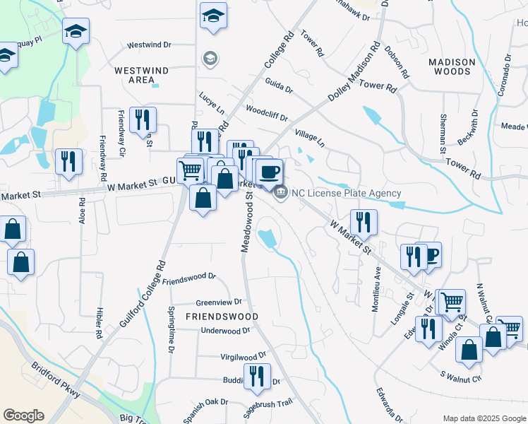 map of restaurants, bars, coffee shops, grocery stores, and more near 103 Shadow Lake Drive in Greensboro