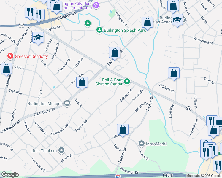 map of restaurants, bars, coffee shops, grocery stores, and more near 1733B Malone Road in Burlington
