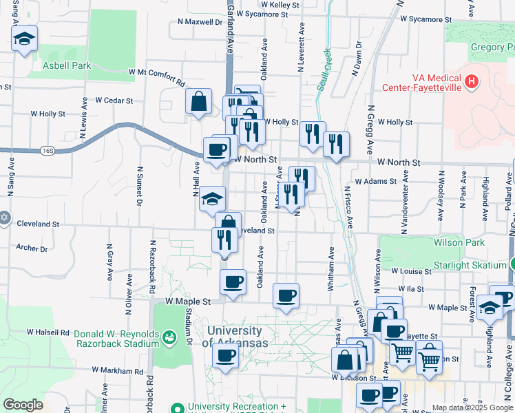 map of restaurants, bars, coffee shops, grocery stores, and more near 956 West Eagle Street in Fayetteville