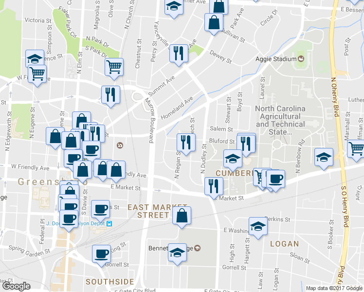 map of restaurants, bars, coffee shops, grocery stores, and more near 310 North Regan Street in Greensboro