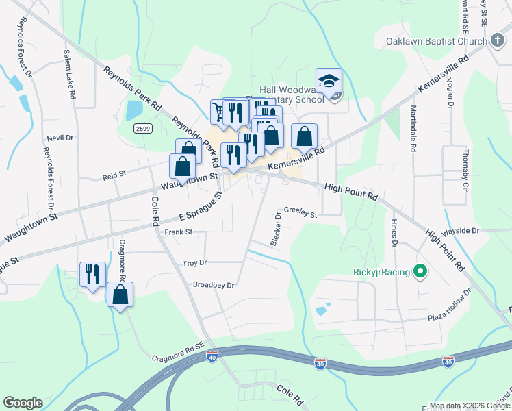 map of restaurants, bars, coffee shops, grocery stores, and more near 3011 Broadbay Drive in Winston-Salem