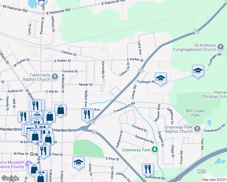 map of restaurants, bars, coffee shops, grocery stores, and more near 405 Louis Street in Graham
