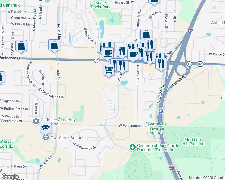 map of restaurants, bars, coffee shops, grocery stores, and more near 707 North Salem Road in Fayetteville