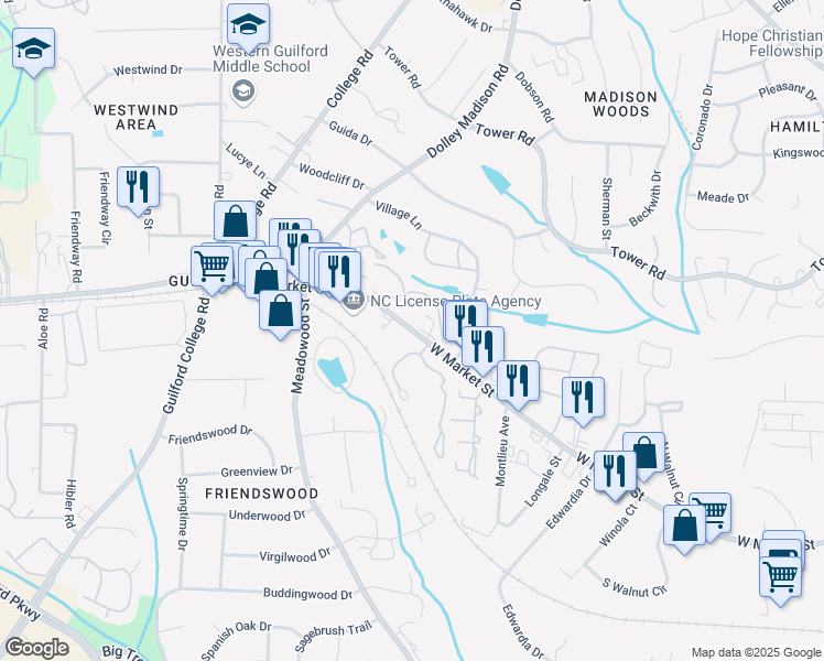 map of restaurants, bars, coffee shops, grocery stores, and more near 5604 West Market Street in Greensboro