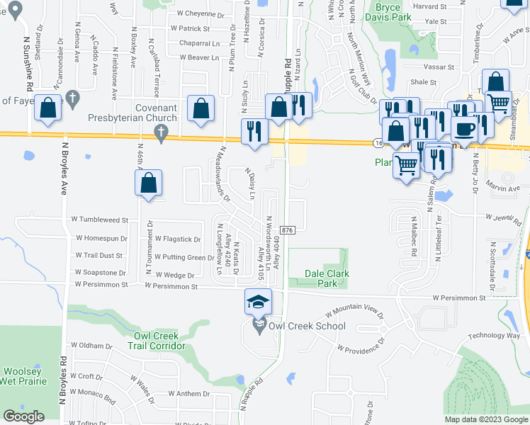map of restaurants, bars, coffee shops, grocery stores, and more near 711 North Wordsworth Lane in Fayetteville