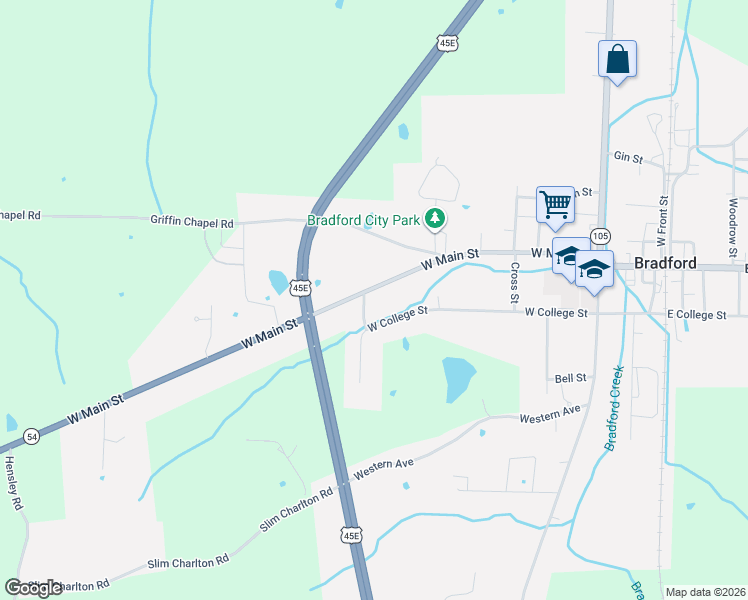 map of restaurants, bars, coffee shops, grocery stores, and more near 351 W Main St in Bradford