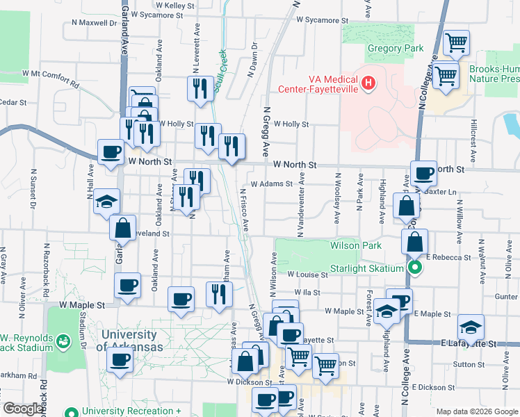 map of restaurants, bars, coffee shops, grocery stores, and more near 847 North Gregg Avenue in Fayetteville