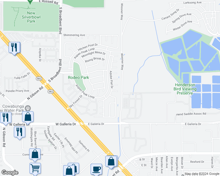 map of restaurants, bars, coffee shops, grocery stores, and more near 917 Adobe Flat Drive in Henderson