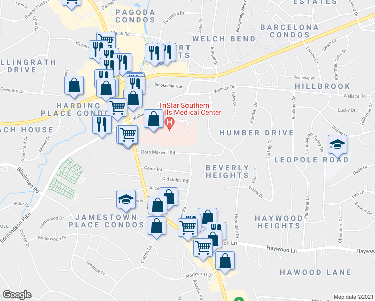 map of restaurants, bars, coffee shops, grocery stores, and more near 315 Flora Maxwell Road in Nashville