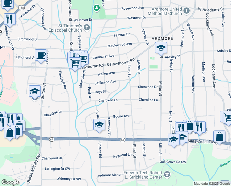 map of restaurants, bars, coffee shops, grocery stores, and more near 1135 Kenwood Street in Winston-Salem