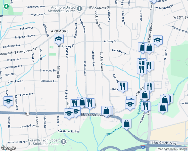 map of restaurants, bars, coffee shops, grocery stores, and more near 1118 Madison Avenue in Winston-Salem