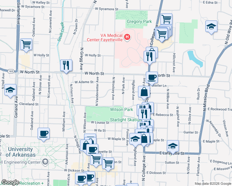 map of restaurants, bars, coffee shops, grocery stores, and more near 825 North Park Avenue in Fayetteville