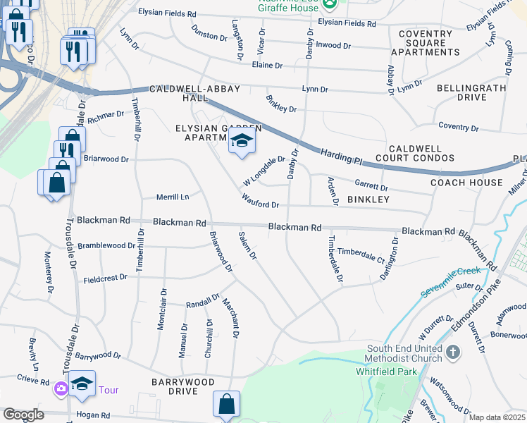 map of restaurants, bars, coffee shops, grocery stores, and more near 344 Blackman Road in Nashville