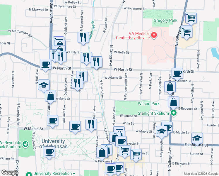 map of restaurants, bars, coffee shops, grocery stores, and more near 847 North Gregg Avenue in Fayetteville