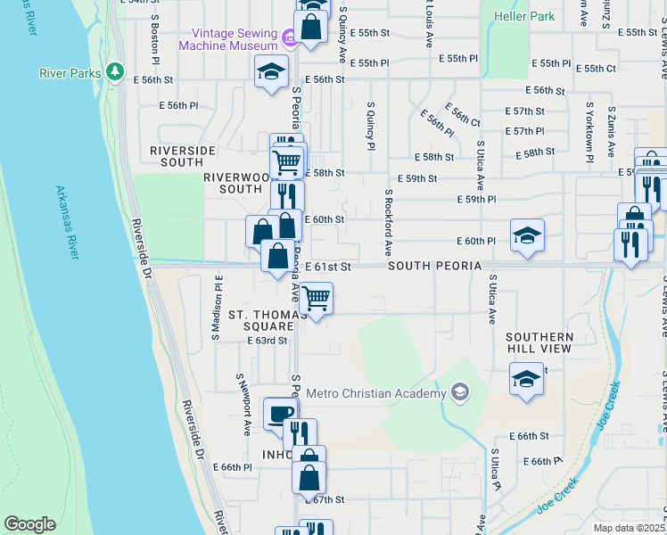 map of restaurants, bars, coffee shops, grocery stores, and more near in Tulsa