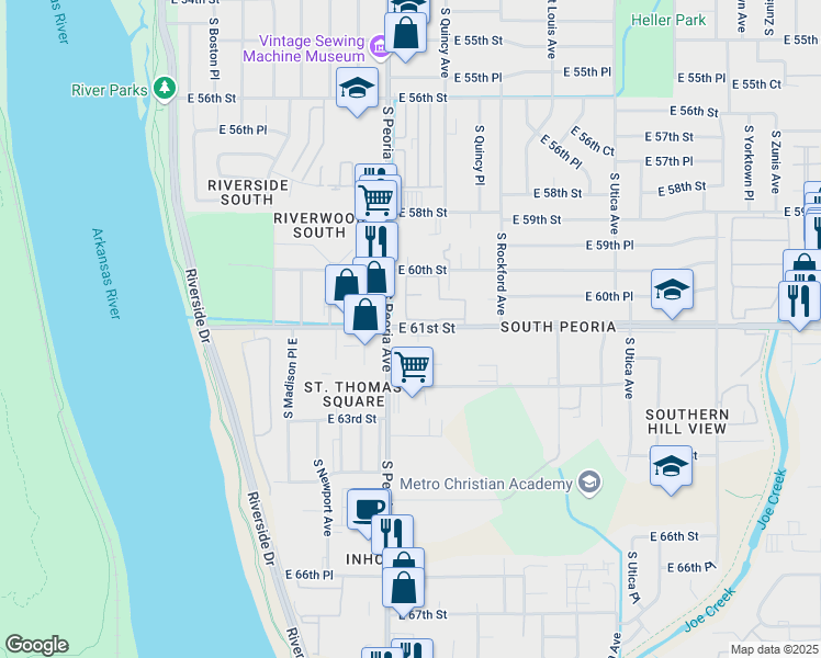map of restaurants, bars, coffee shops, grocery stores, and more near in Tulsa