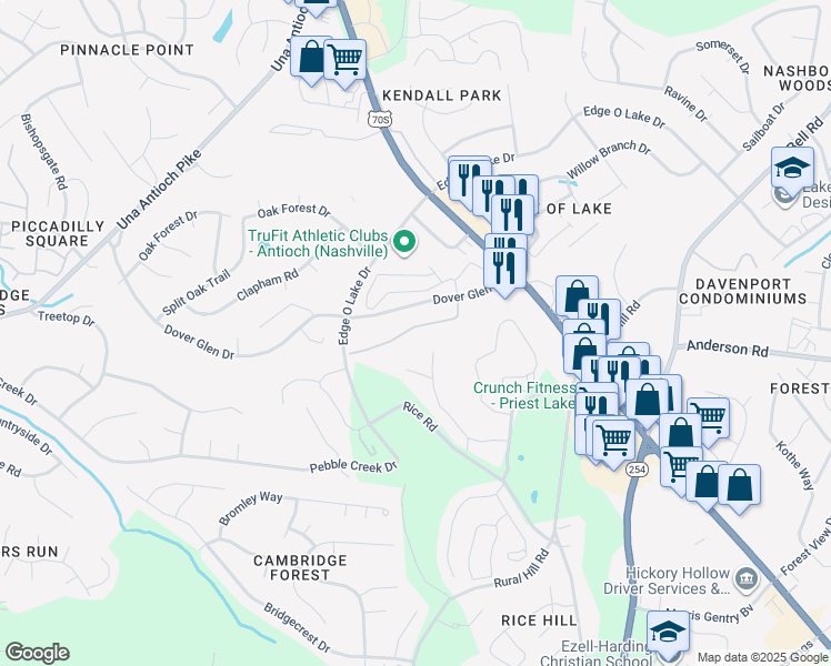 map of restaurants, bars, coffee shops, grocery stores, and more near 301 Dover Glen Drive in Nashville