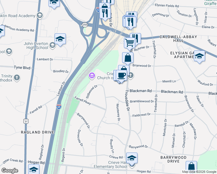 map of restaurants, bars, coffee shops, grocery stores, and more near 4940 Stillwood Drive in Nashville