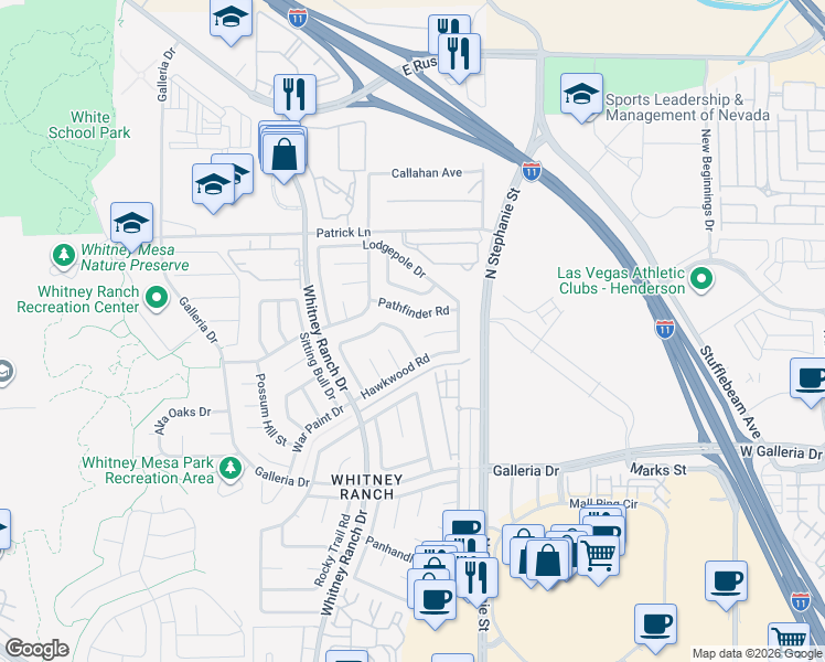 map of restaurants, bars, coffee shops, grocery stores, and more near 1417 Bareback Court in Henderson