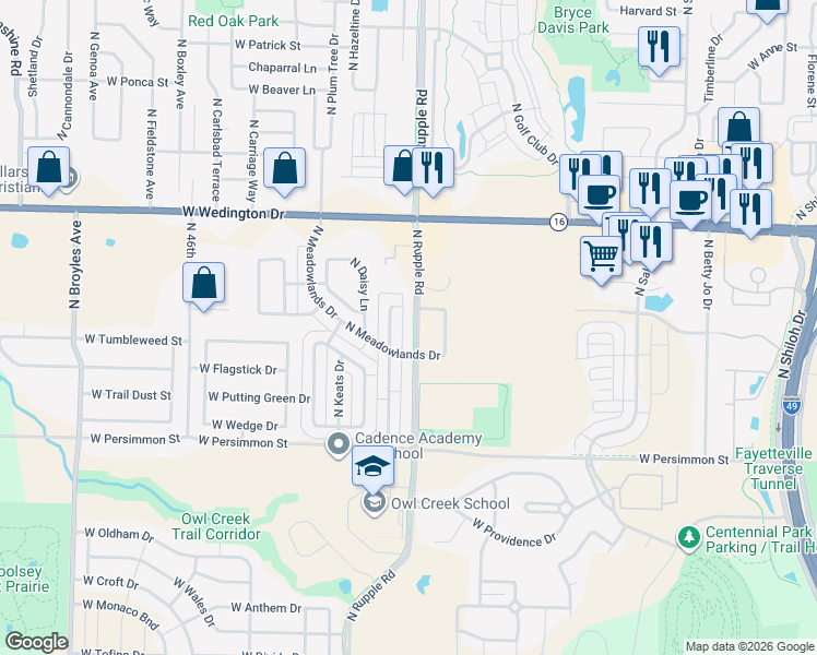 map of restaurants, bars, coffee shops, grocery stores, and more near 697 Alley 4040 in Fayetteville