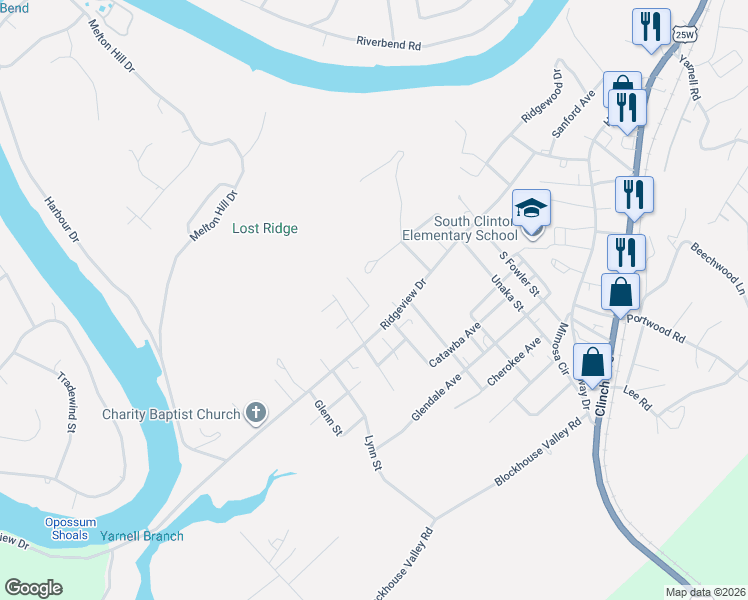 map of restaurants, bars, coffee shops, grocery stores, and more near 608 Ridgeview Drive in Clinton