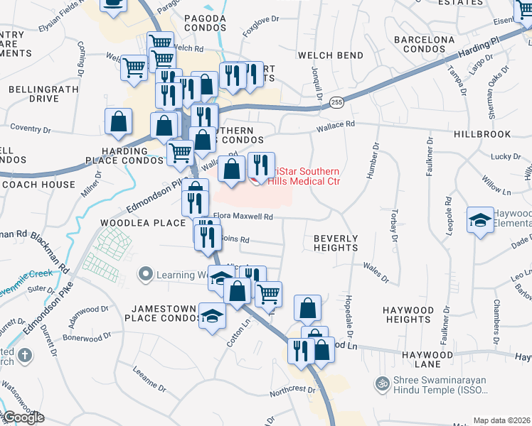 map of restaurants, bars, coffee shops, grocery stores, and more near 315 Flora Maxwell Road in Nashville