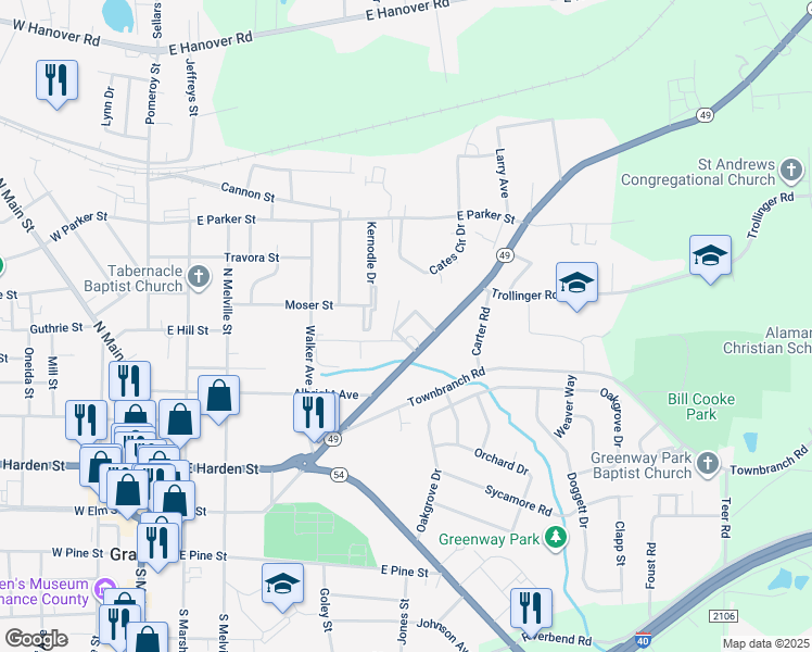 map of restaurants, bars, coffee shops, grocery stores, and more near 405 Louis Street in Graham