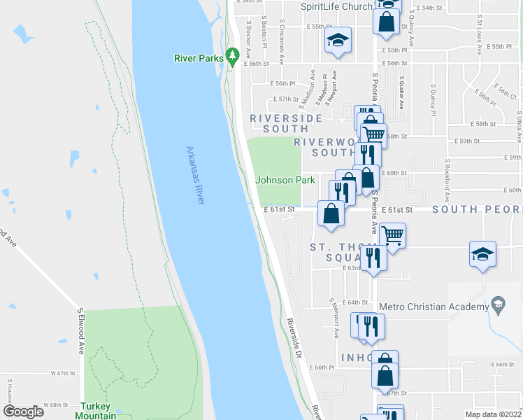 map of restaurants, bars, coffee shops, grocery stores, and more near 100 East 61st Street in Tulsa