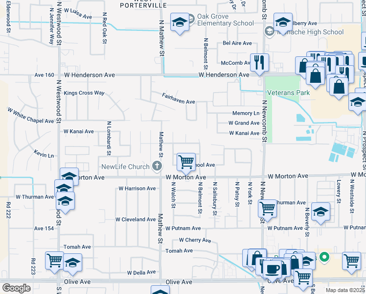 map of restaurants, bars, coffee shops, grocery stores, and more near 1896 West Aurora Avenue in Porterville