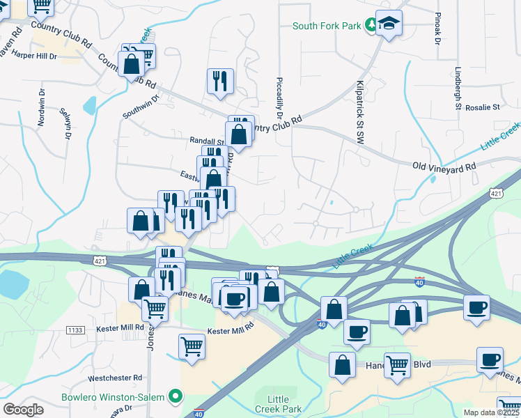 map of restaurants, bars, coffee shops, grocery stores, and more near 300 Mar-Don Hills Court in Winston-Salem