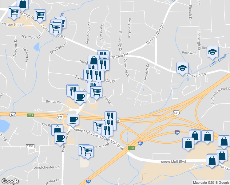 map of restaurants, bars, coffee shops, grocery stores, and more near 307 Mar-Don Hills Court in Winston-Salem
