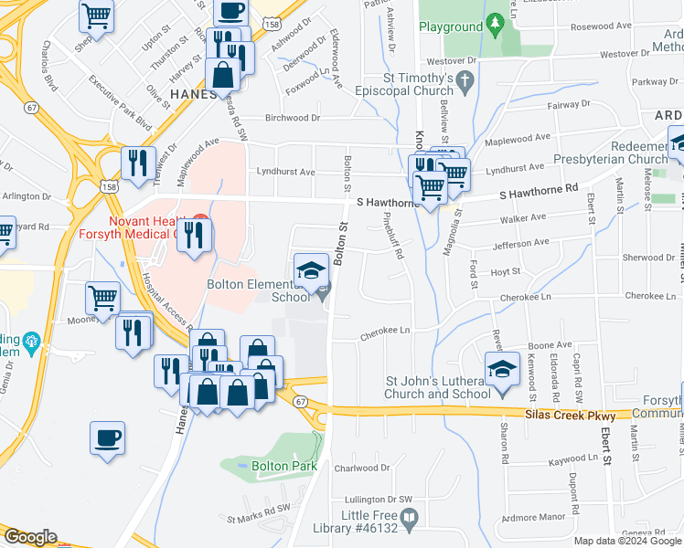 map of restaurants, bars, coffee shops, grocery stores, and more near 1218 Bolton Street in Winston-Salem