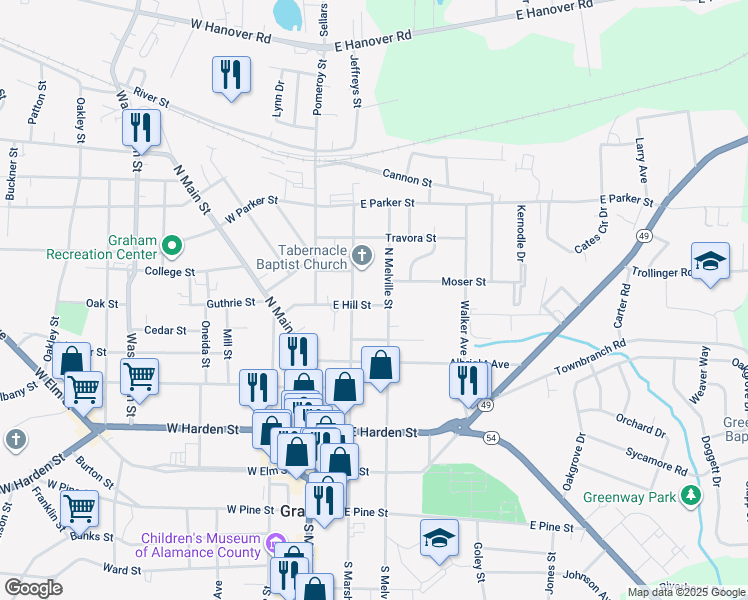 map of restaurants, bars, coffee shops, grocery stores, and more near 208 East Hill Street in Graham