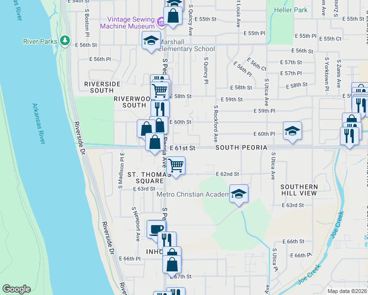 map of restaurants, bars, coffee shops, grocery stores, and more near 1351 East 61st Street in Tulsa