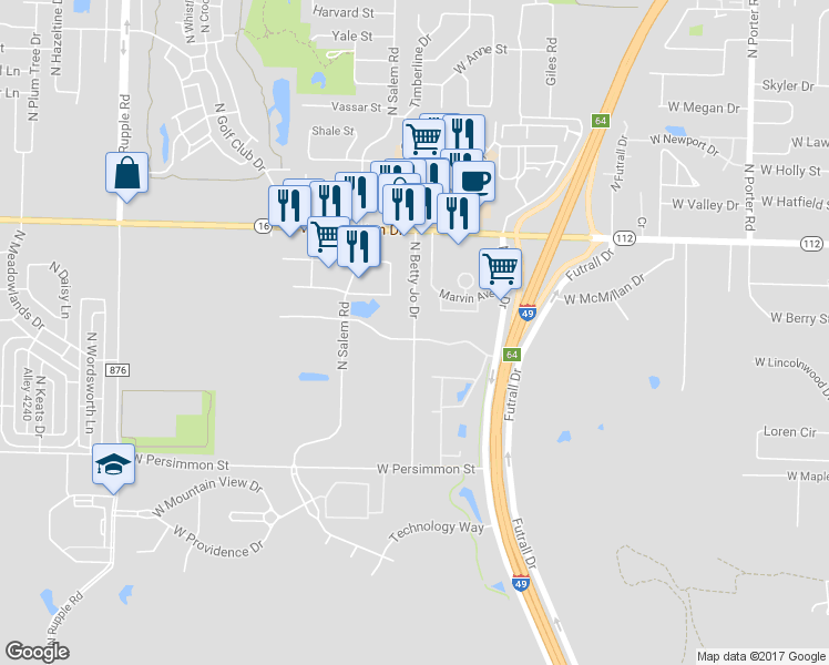map of restaurants, bars, coffee shops, grocery stores, and more near 729 North Betty Jo Drive in Fayetteville