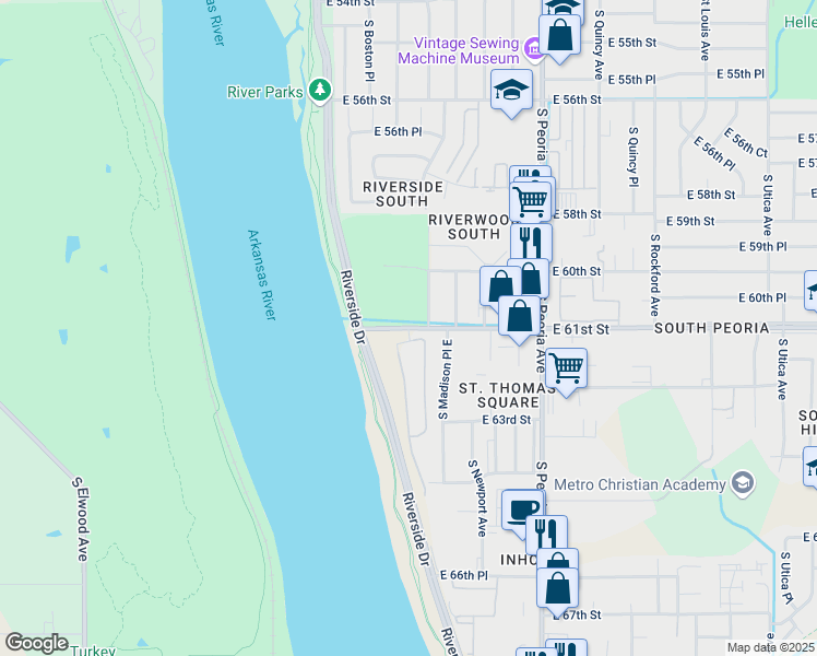 map of restaurants, bars, coffee shops, grocery stores, and more near 958 East 61st Street in Tulsa
