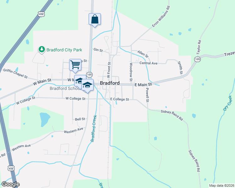 map of restaurants, bars, coffee shops, grocery stores, and more near 125 Church Street in Bradford